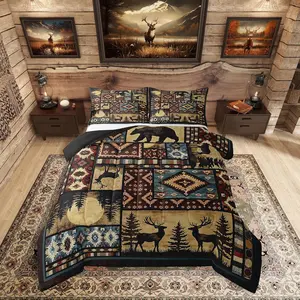 Rustic Bear Comforter Set,Buffalo Plaid Grid Checkered Bedding,Hunting Deer Farmhouse Cabin Decor Quilt,Southwest Aztec Bed Set