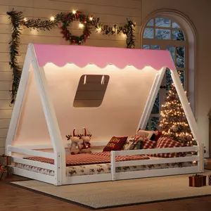 Twin/Full Size House Floor Bed with Tent and Light, Solid Wood Teepee Floor Bed with Full-length Guardrails, Montessori Bed Frame