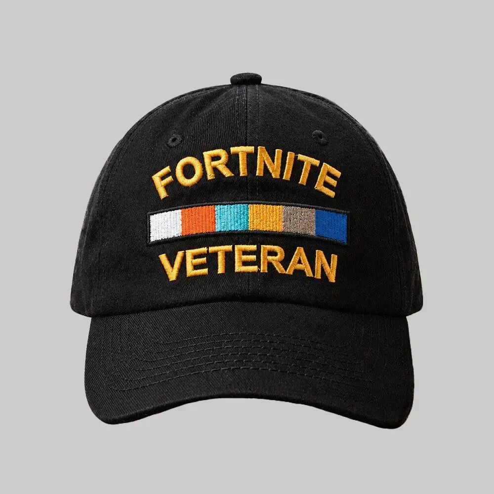 Fortnite Veteran Embroidered Baseball Cap - Black Unisex Adjustable Cotton Dad Hat for Outdoor Summer Style - Distressed Black, Hot TikTok Fashion Trend