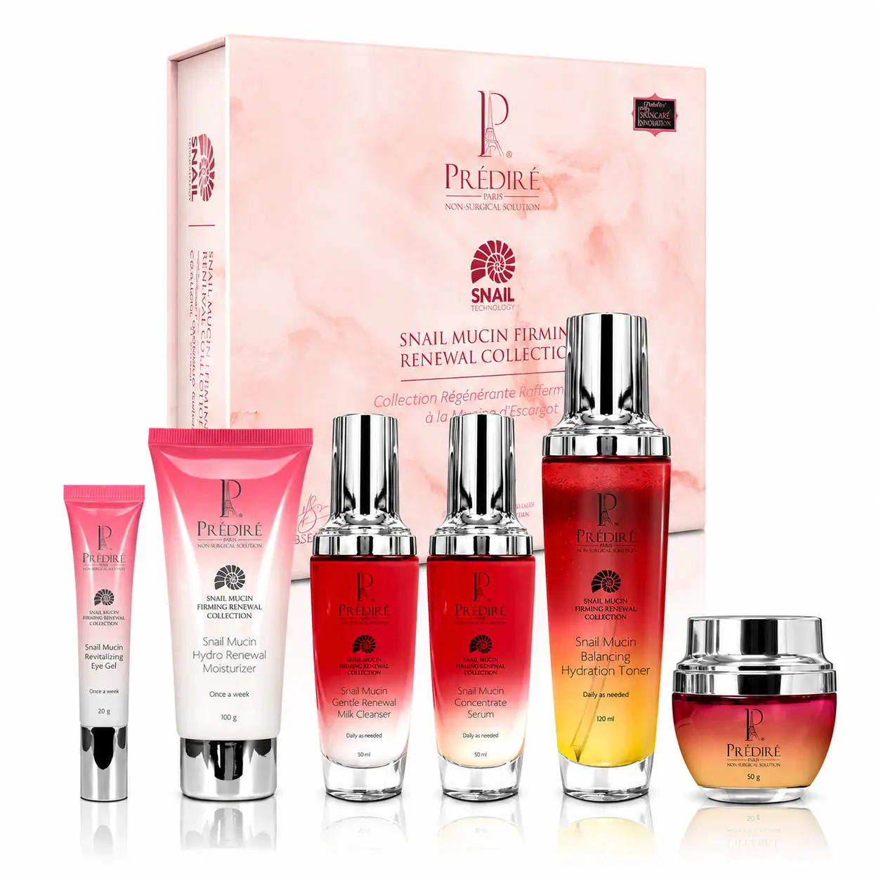 Predire Snail Mucin Firming Renewal Skincare Kit - Contour-Boosting Set with Lightweight, Cleansing Cleanser, Moisturizing Moisturizer, Hydrating Gel, Serum and Mask
