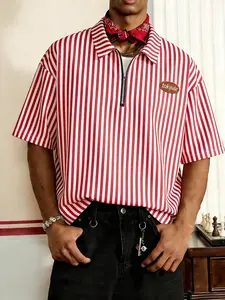 Stylish Men's Red Striped Zip-Up Collared Shirt,Loose Fit, Casual Street Style, Suitable for Spring and Summer Casual Wear and Outdoor Wear, Casual Party Shirt