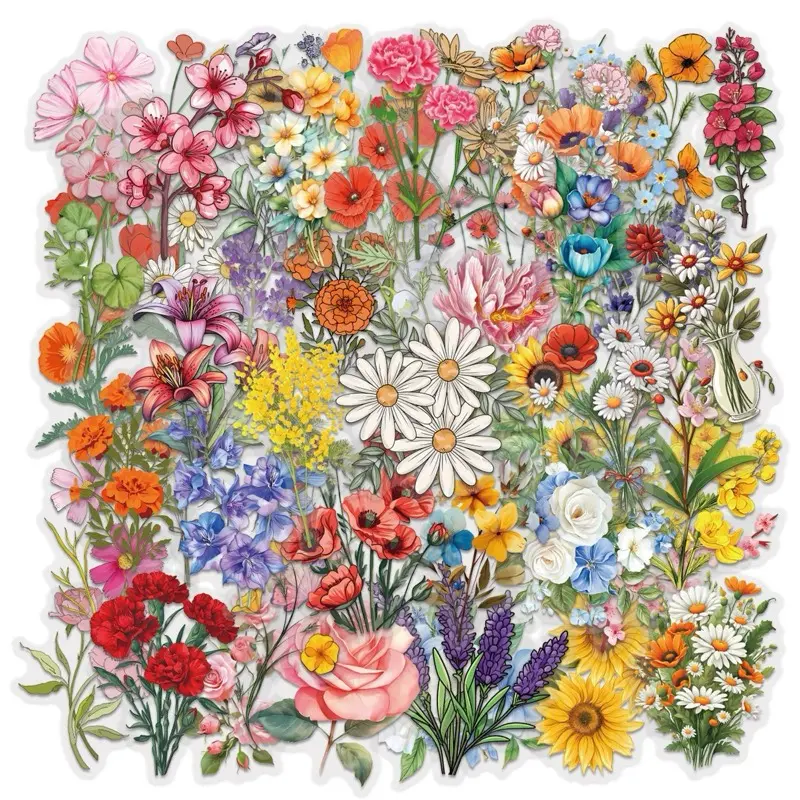 60 pcs Cute mix flower transparent Stickers for Water Bottles Laptop Luggage Journaling Craft Project Beautiful Waterproof Vinyl Decals for Kids Teens Adults diy decorative