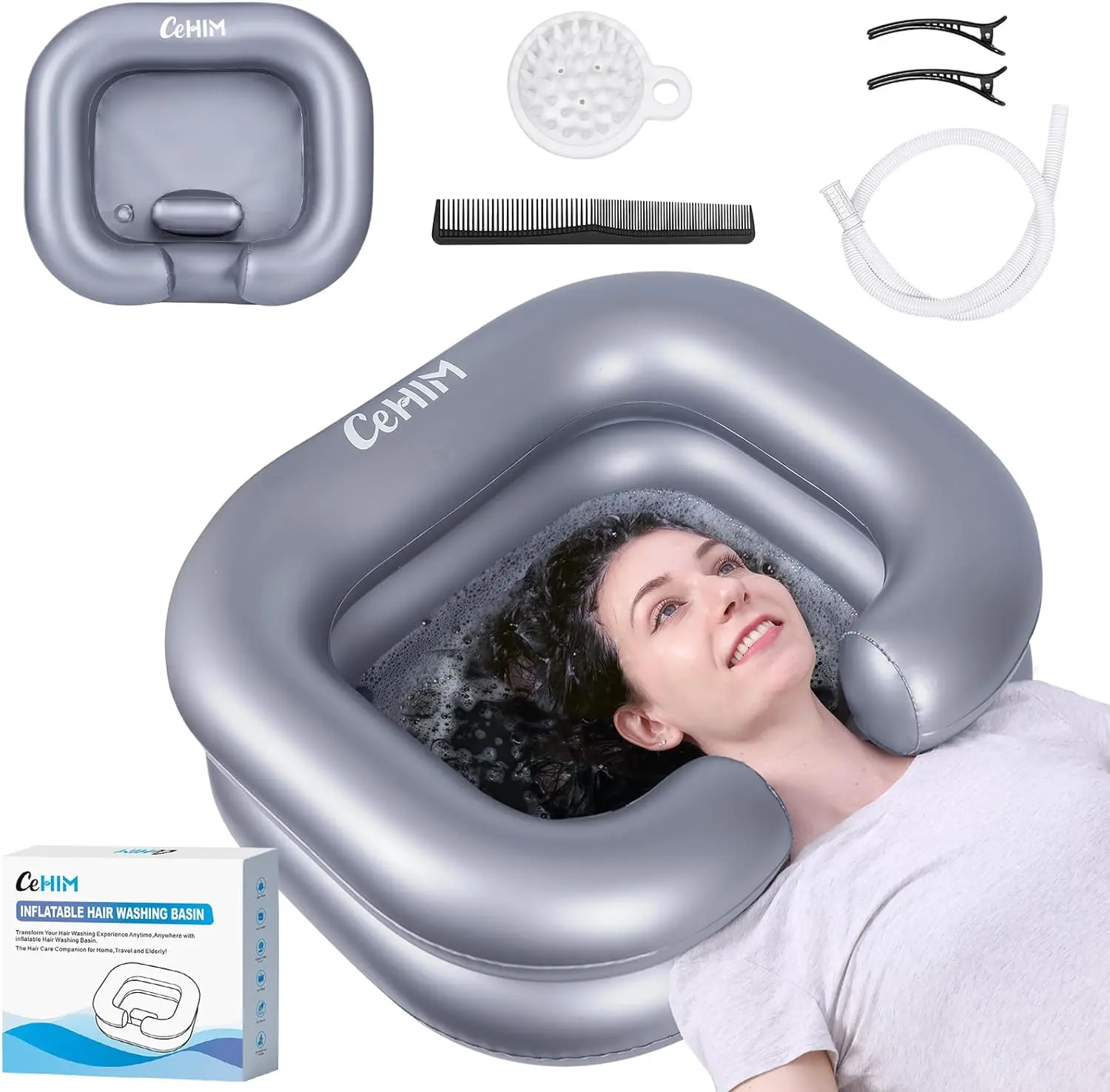 Inflatable Shampoo Basin - Portable Shampoo Bowl, Hair Washing Basin for Bedridden, Disabled,Injured, Hair Wash Tub for Dreadlocks and at Home Sink Washing (Silver)
