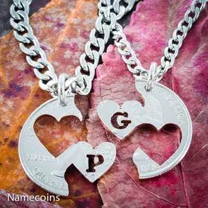 Custom Initial Heart Necklaces for 2, Couples Gifts, I Carry Your Heart Jewelry, Interlocking Relationship Set, Hand Cut Coin