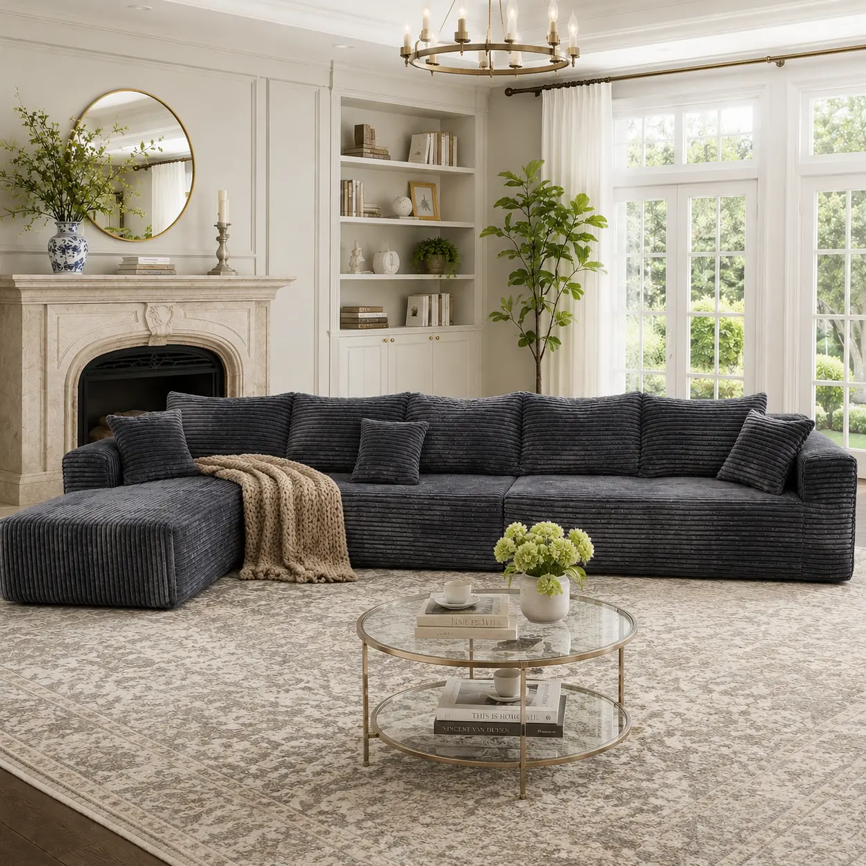 164'' L-Shaped Cloud Couch for Living Room, Deep Seat Corduroy Sectional Sofa, Oversized Comfy Boneless Couch with Chaise Lounge, No Assembly Required Upholstered Furniture for Apartment Small Spaces, Pet Friendly