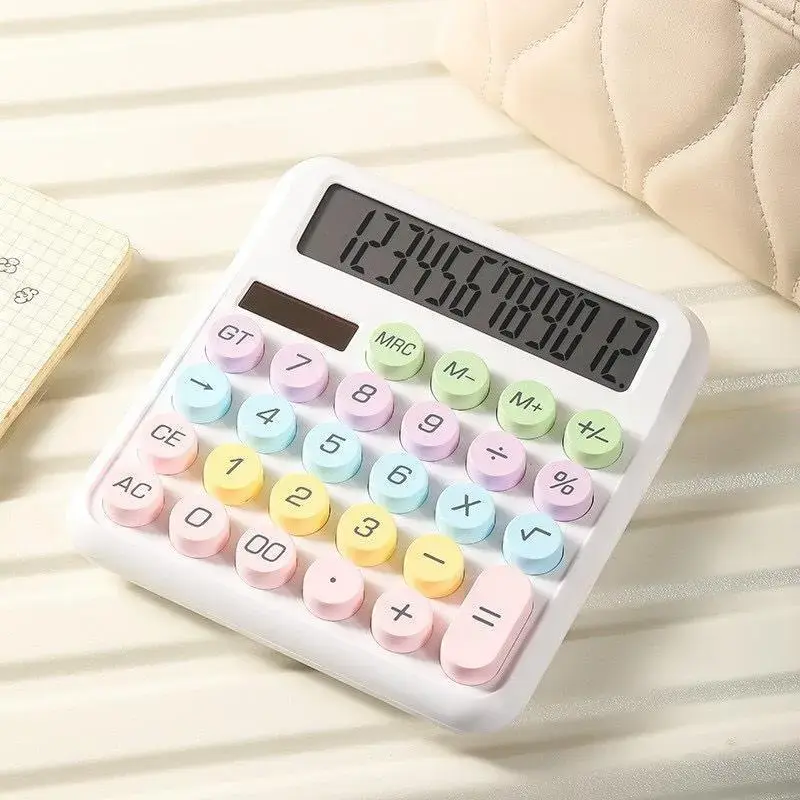 12-Digit Display Desktop Office Calculator - Round Retro Keyboard, Dopamine Color Design, Solar-Battery Dual Power, Automatic Shutdown, Colleague Gift for Home Office Math Calculations, Battery Powered Calculator, Office Calculators
