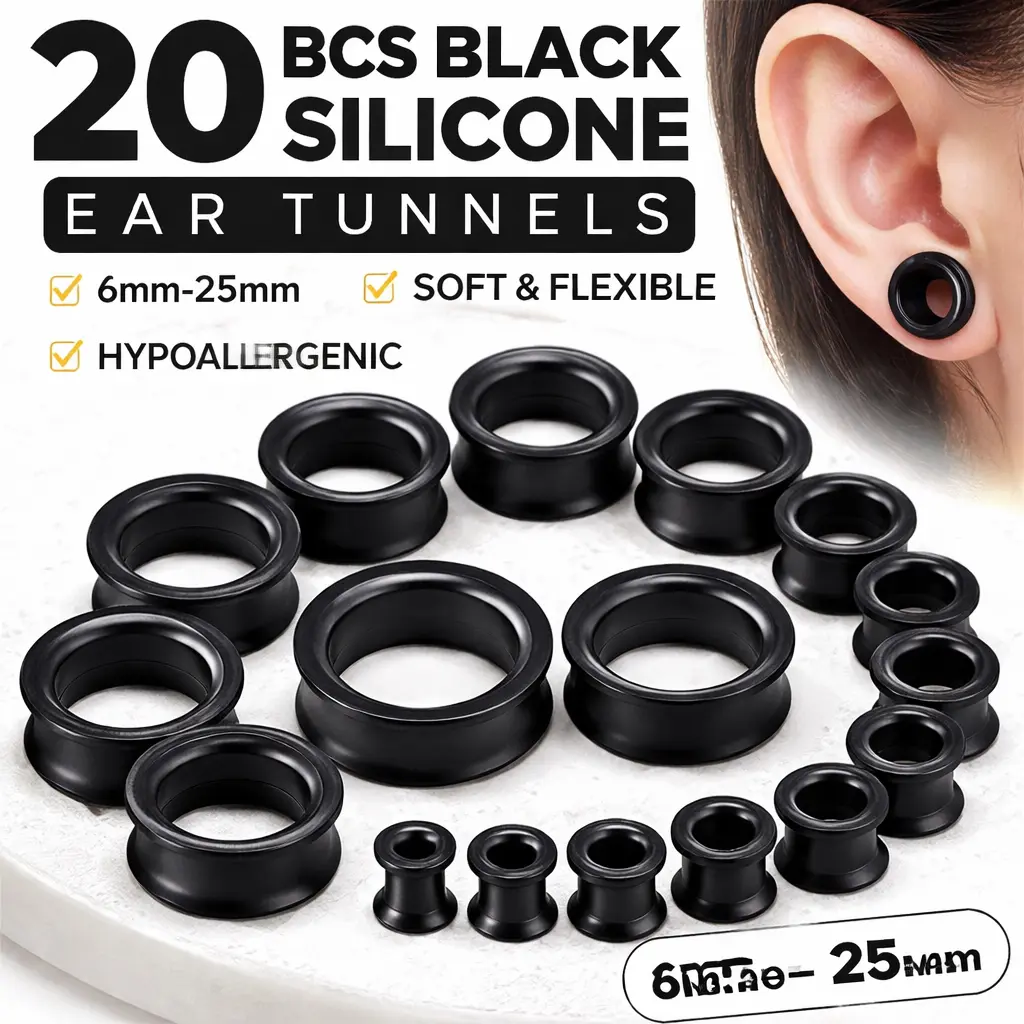 20-Pack Silicone Ear Stretching Body Jewelry Set - 2g-1 inch Gauges, Flexible Hypoallergenic Ear Tunnels & Plugs, Neutral Tone for Gym, Anniversary, Casual Everyday Comfortable Piercing Use