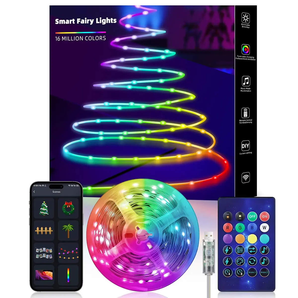 33Ft 100 LED Smart Fairy String Lights - APP & Remote Control, Music Sync, 12 Modes, IP65 Waterproof USB Powered, Multicolor & Warm White for Bedroom/Christmas/Parties/Wedding Decoration