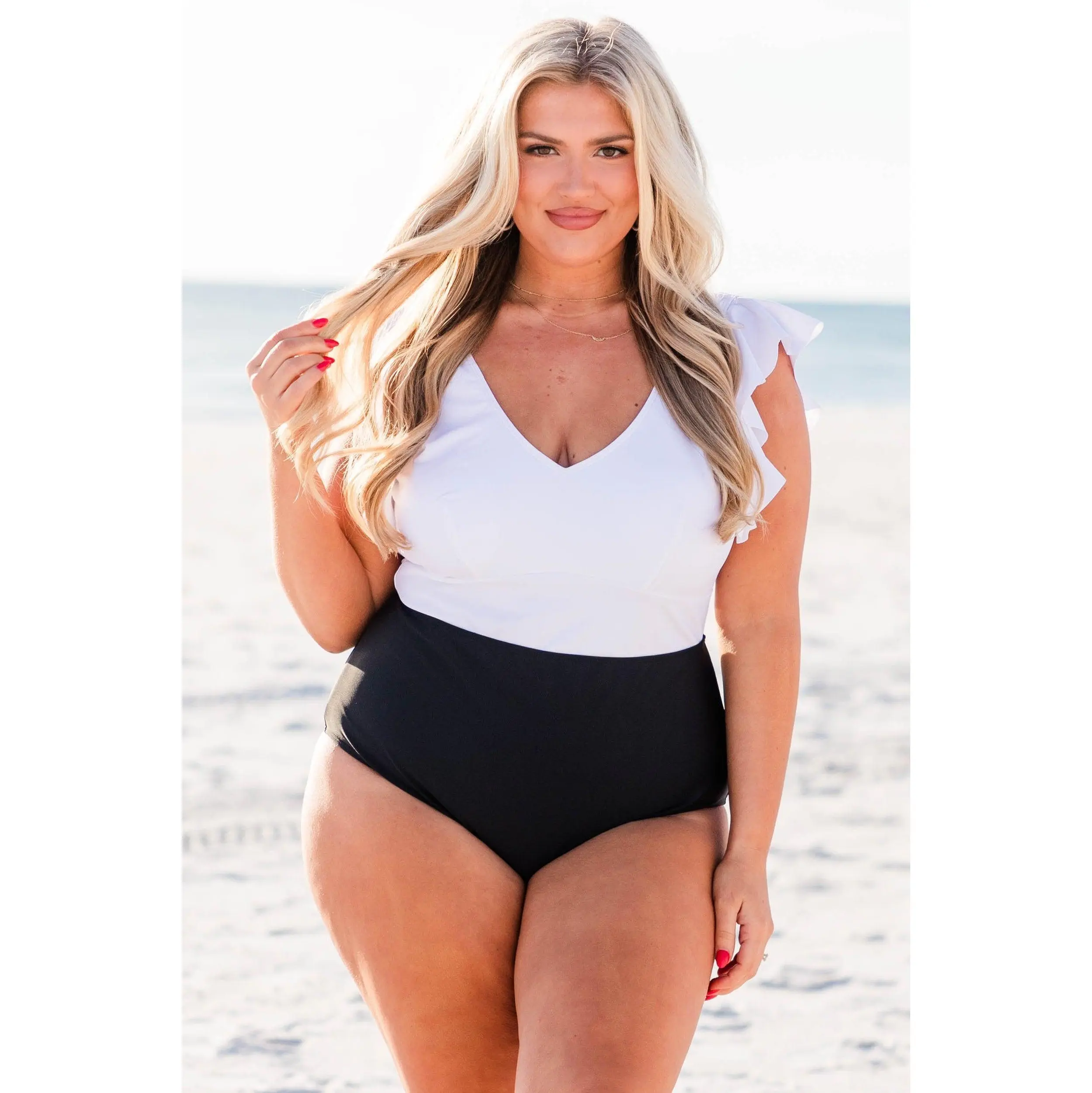 Plus Size Colorblock Flutter-Sleeve Polyamide-Elastane Stretch 1-Piece Swimsuit, White-Black, for PTO Getaways, Plus Size Swimsuits, Color-Block Women's One-Pieces, Large Women's One-Pieces