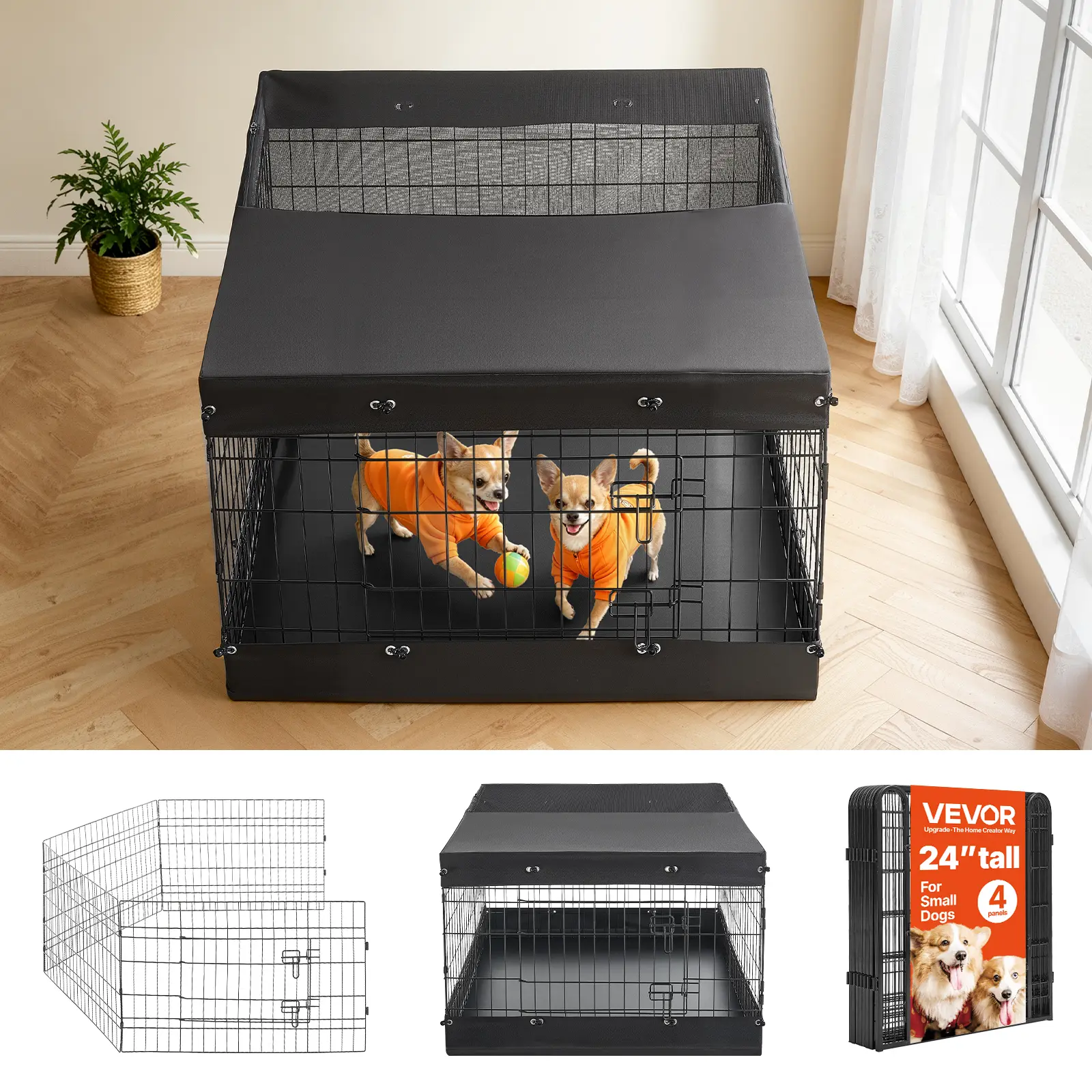 VEVOR Dog Playpen 24 Inch 4 Panels Exercise Pen with Top Cover & Bottom Pad, Indoor Foldable Metal Pet Fence with Door, Heavy Duty Puppy Crate Kennel Pen for Dogs, Cats, and Other Small Animals, Black#BacktoSchool
