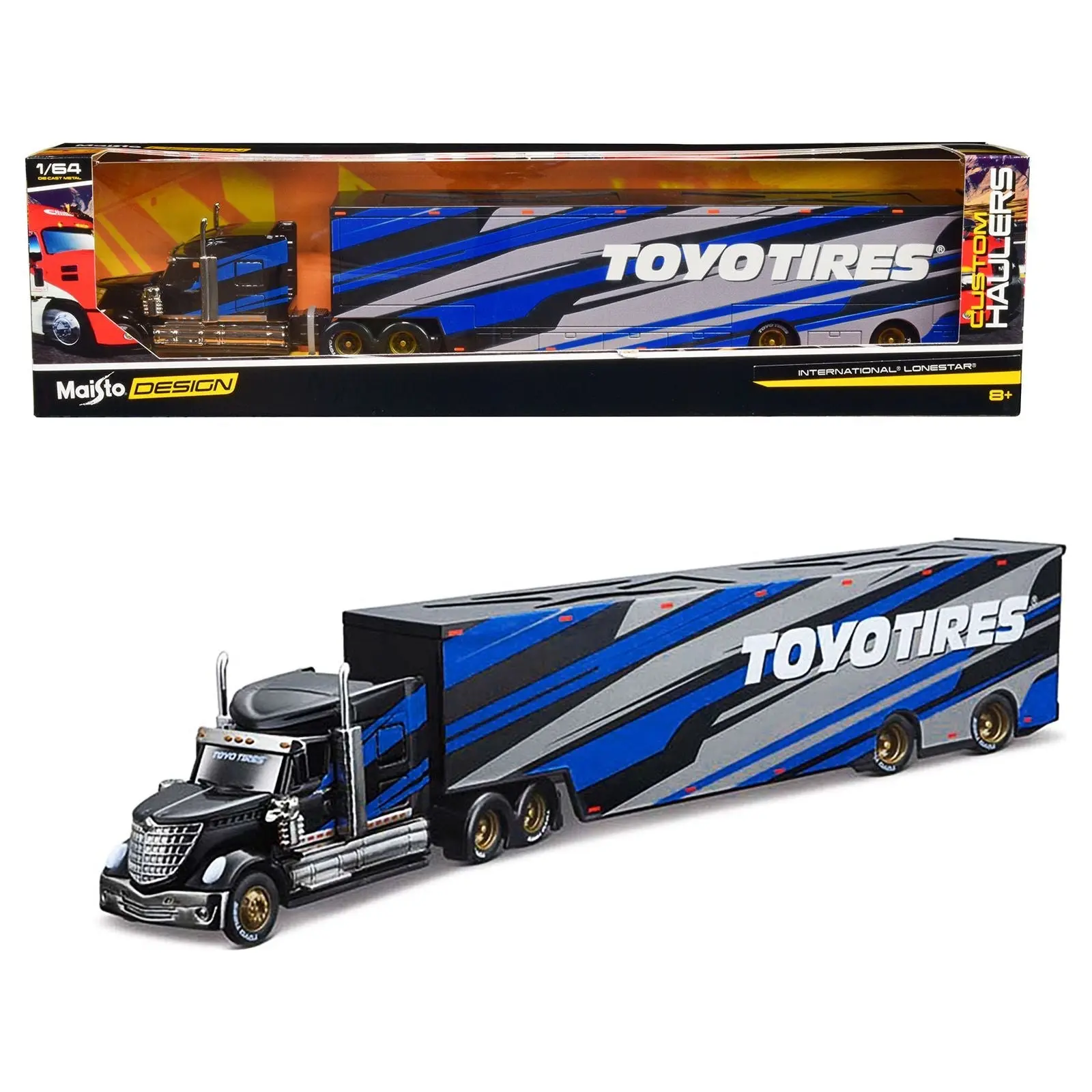 International LoneStar Enclosed Car Transporter "Toyo Tires" Black with Blue and Gray Stripes "Custom Haulers" Series 1/64 Diecast Model by Maisto