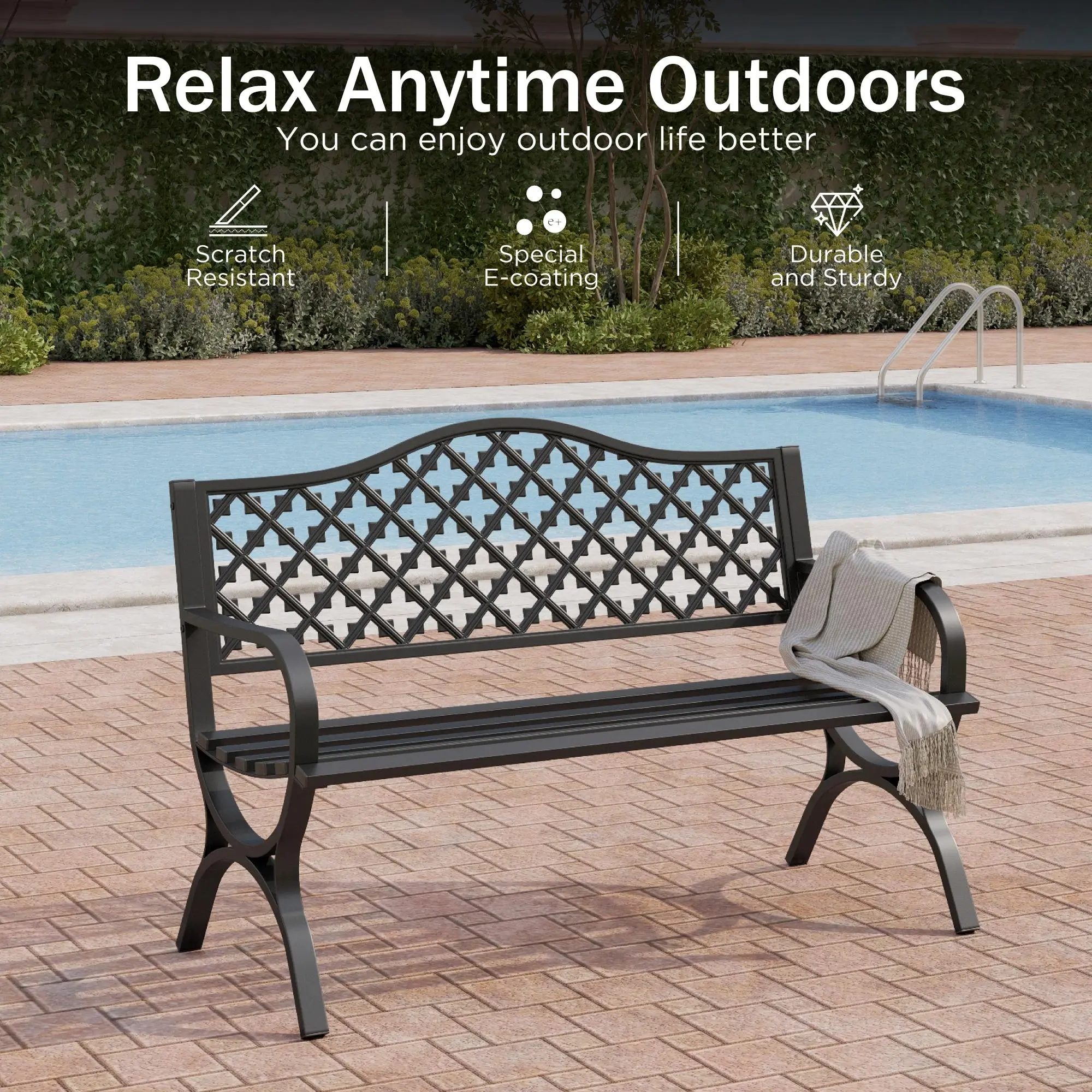 PHIVILLA 50" Garden Metal Benches for Outdoors Weatherproof 2-Person Steel Benches Furniture for Garden, Patio, Porch, Black