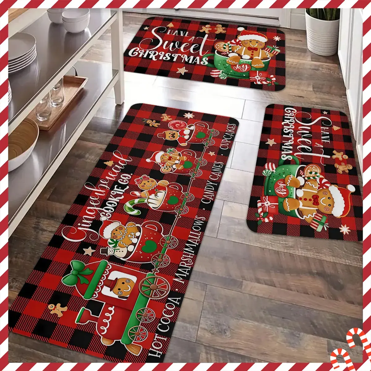 Christmas Kitchen Non slip Floor Mat, Black and Red Buffalo Grid, Gingerbread Man, Santa Claus Comfortable Soft Non slip Carpet Floor Mat, Suitable for Kitchen, Entrance Door, Laundry Room, Bathroom, Living Room, Room Decoration Floor Mat