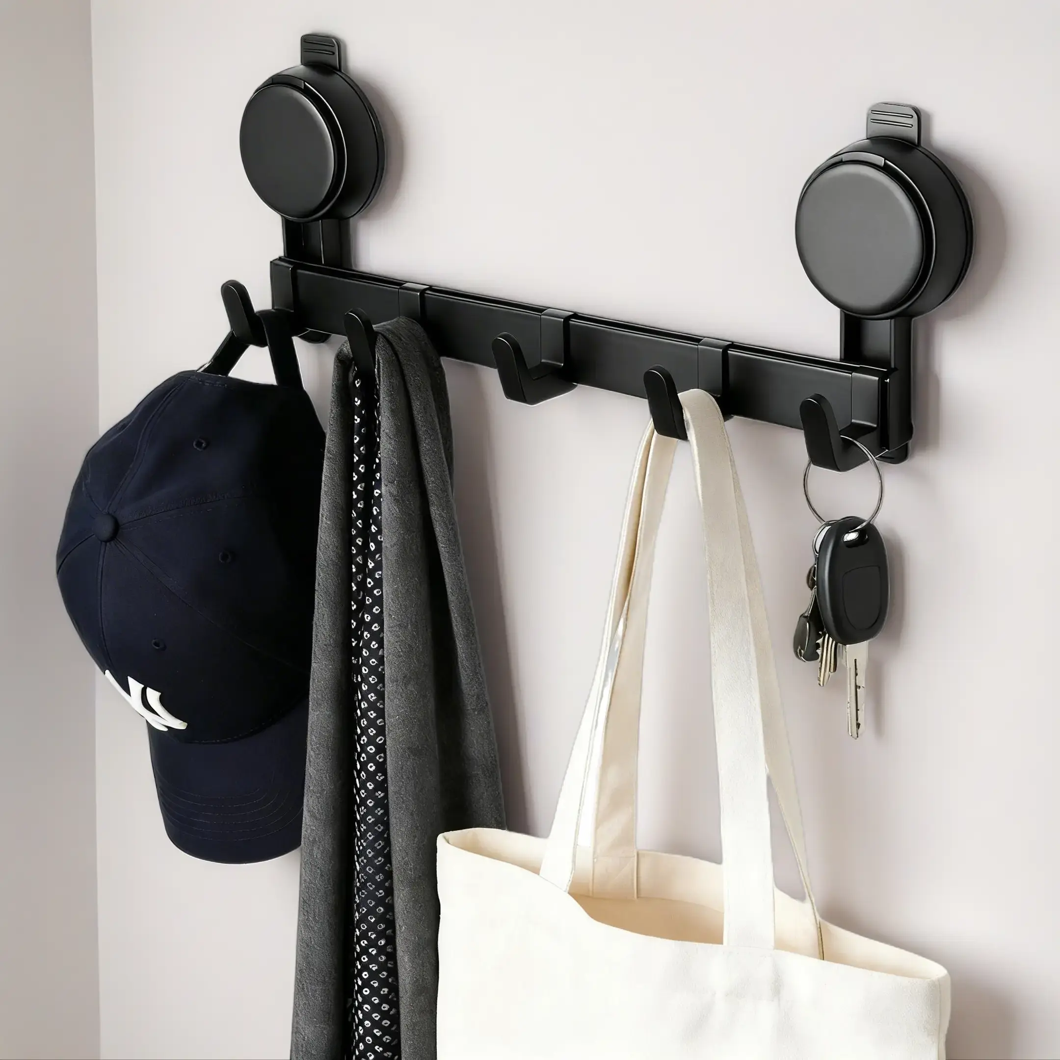 Black 5-Hook Suction Cup Wall Rack with Hook Mount Rings - No-Drill, Damage-Free, Heavy-Duty, Reusable, Adjustable Hanger Organizer for Glass Surfaces, Renter-Friendly Laundry Storage