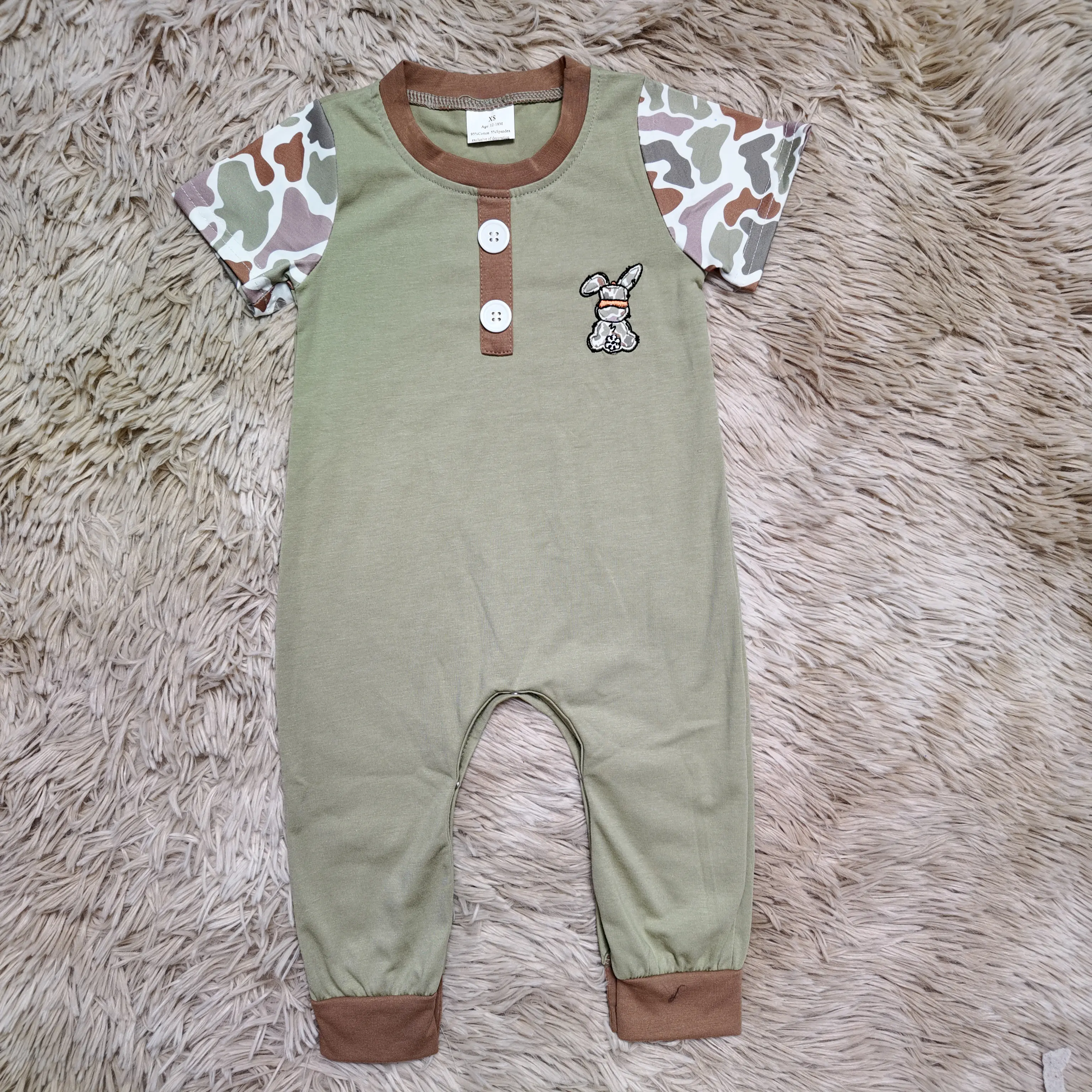 Baby Boy Short-Sleeve Camo Romper with Rabbit Embroidery - Fun Themed Bodysuits, Easter Boutique Outfits, Animals, Bodysuit Outfit, Crew Neck, Camouflage, Holiday, Short Sleeve One-Piece Baby Boy's Bodysuits & One Pieces