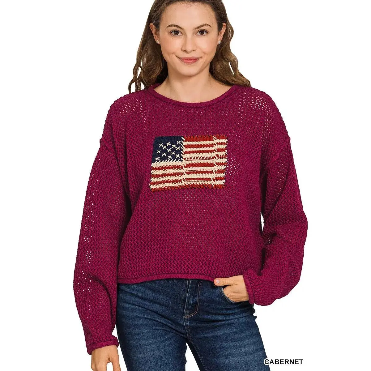 Zenana American Flag Crew Neck Sweater