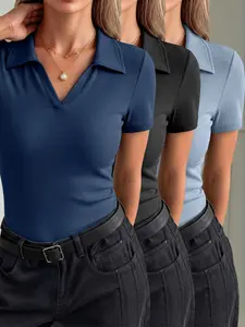 Women's Polo Neck Ribbed Short Sleeve T-Shirt 3-Piece Set, Casual Fitted Basic Top, All Seasons Wear, Solid Color, Plain Surface