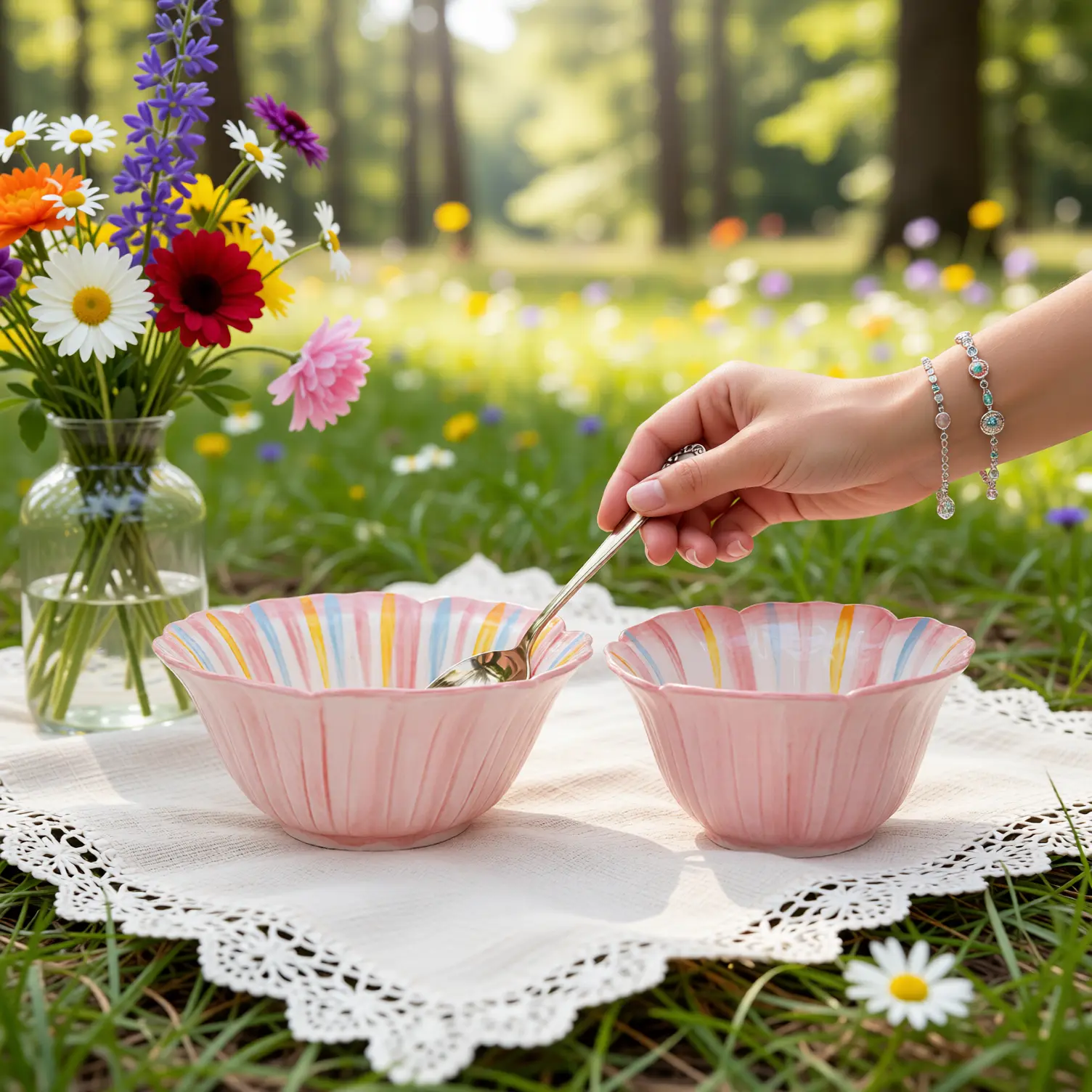 260ml Ceramic Ribbed Hand-painted Rainbow Stripes Fruit Cottagecore Flower-shaped Bowls Set of 2 - Microwave-safe Disposable Home & Festive Tableware for Breakfast, Daily Table Decor, Gift Use (flowers-inclusive), Set Of Two