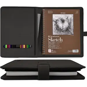 Travel Sketch Case & Cover: Leather Organizer Fits 5.5x8.5 Sketch Book & Spiral Pad | -in- Art Kit with Pencil Holder | Compact for Artists, Beginners & Travel (Black)