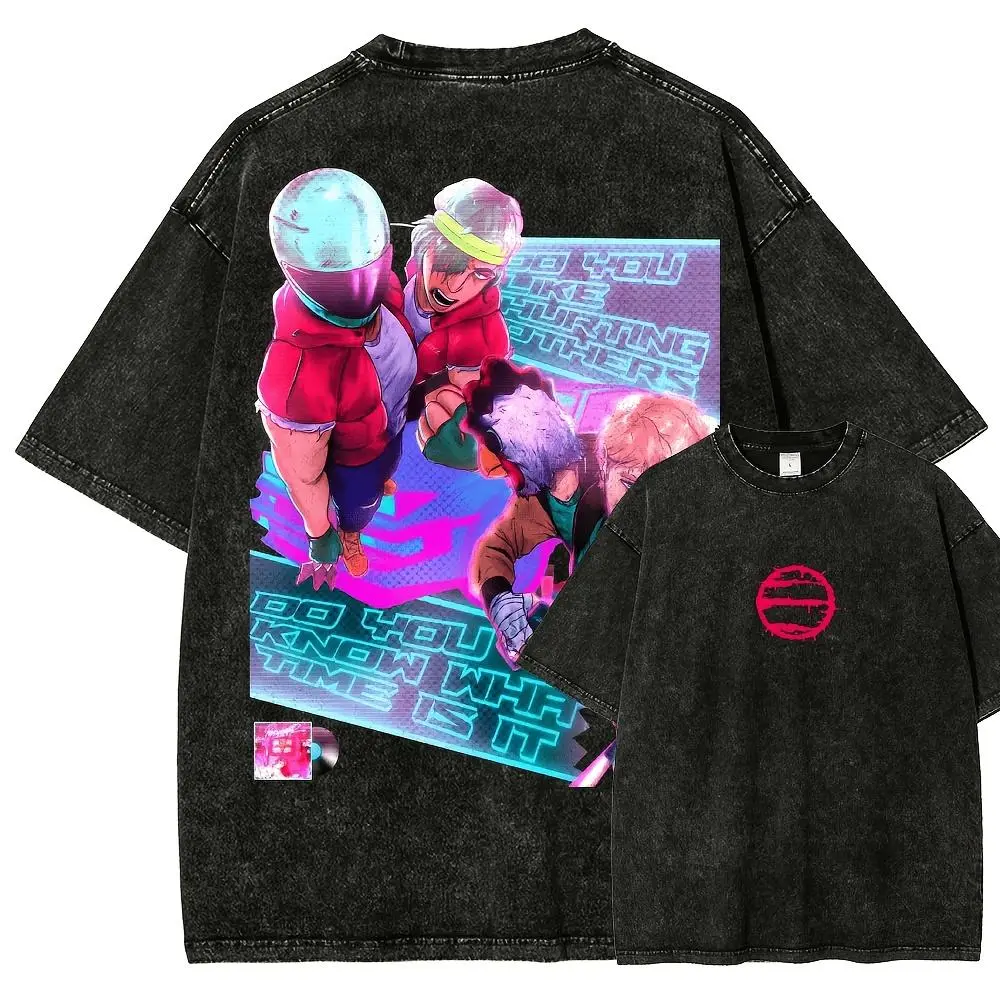 Cyber Neon Anime Art Vintage Washed Tee, Double‑Sided Print Retro Aesthetic Streetwear T‑Shirt