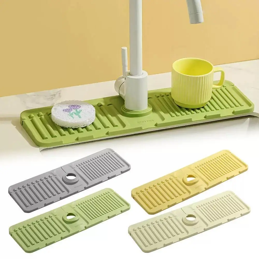 【Summer Sale Deals】Faucet Mat for Kitchen Sink 15 Inch Longer Silicone Sink Splash Guard 7° Slope Fast Self-draining Drying Tidy Mat with Snap Button Lock Adjustable Hole Design