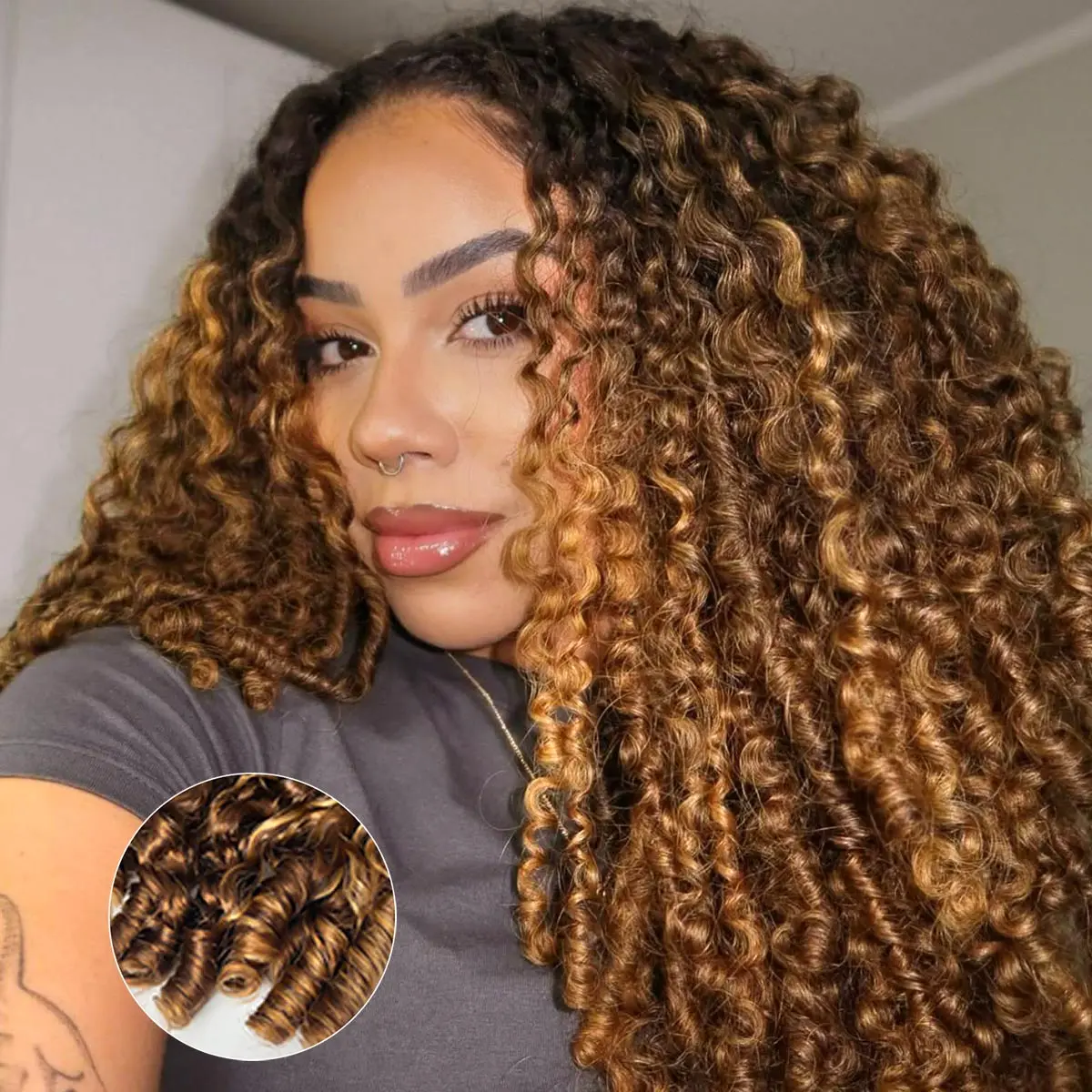 [3 In 1 Half Wig] Burmese Curly Highlight 4/27 Color Wear Go Half Wig With Elastic Drawstring 250% Density Flip Over Wig Human Hair #DealsForYouDays