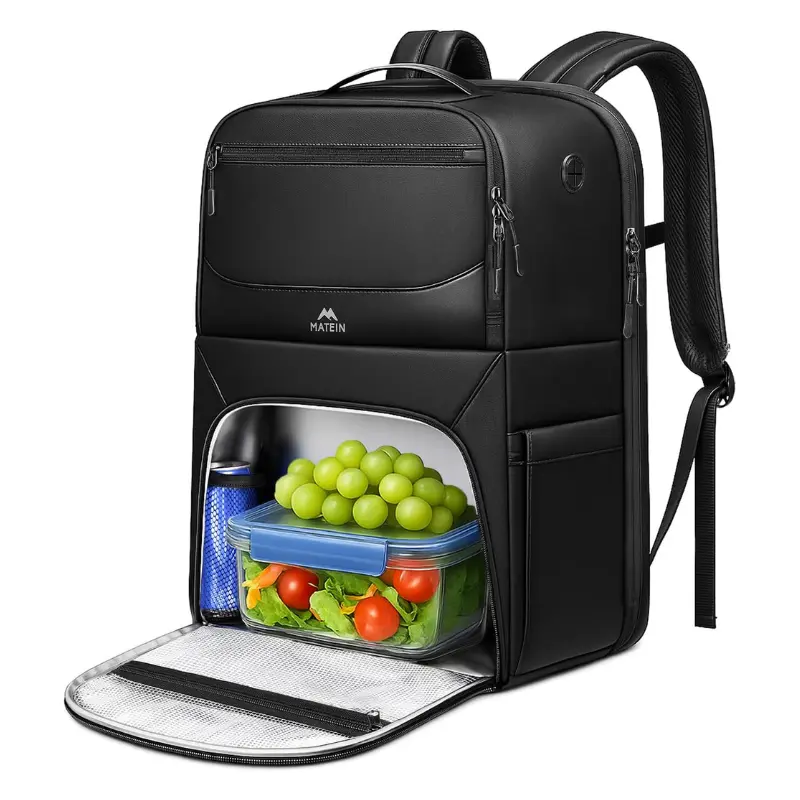 MATEIN Insulated Thermal Lunch Backpack for Men, PU-Coated Waterproof 17-Inch TSA-Friendly Laptop Bag with 6 Pcs Lunch Boxes, Chest Strap, Double Zips for Office Commute, Thermal Bag, Insulated Cooler, Fruit, Key Chain, 18.1" H X 7.9" W X 13.8" L