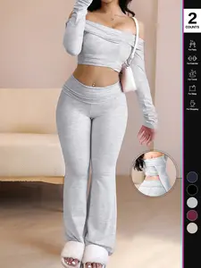 Women's Two-Piece Set, Off-The-Shoulder Long Sleeve Crop Top & Pants, Solid Color, Casual Loose-Fitting, All Seasons, Stylish Women's Clothing
