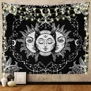 Tapestry Ftuency Sun and Moon Tapestry, Black and White Tapestries Mystic Burning Sun with Star Wall Hanging decor for Bedroom (59" W x 51" L)