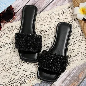 Women's Rhinestone Casual Fashion Slippers Indoor and Outdoor Square Open Toe Flat Bottom Sandals Summer Beach Slippers Springfresh