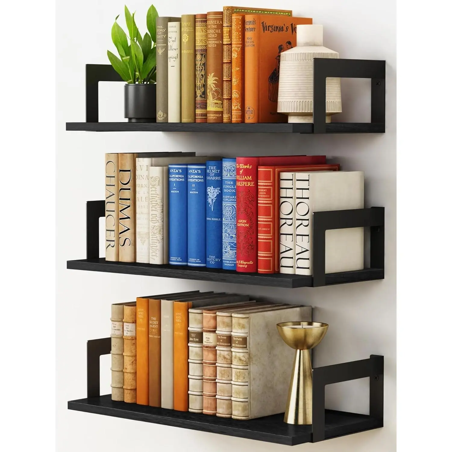 17-Inch Wall-Mounted Floating Bookshelves (Set of 3, Black) - Modern & Traditional Home Decor Book Holders, Space-Saving Book Display for Living Room, Boxed Set for Home & Office Use
