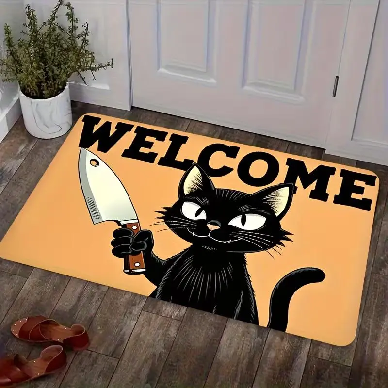 Welcome Knife Black Cat Doormat, Funny, Decorative Mat, Rude Doormat, Welcome Mat, Funny Welcome Mat, Non-slip, Indoor Outdoor