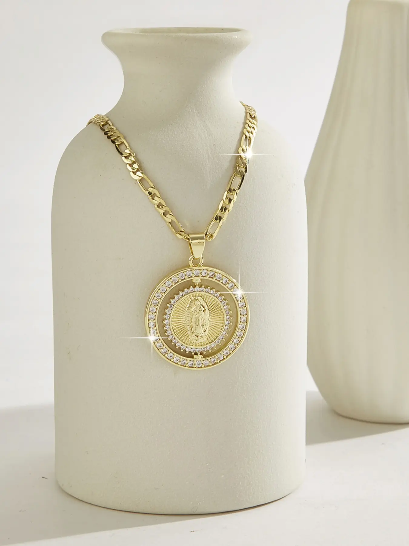 Fashion Luxury 360-Degree Rotating Religious Medallion Necklace, Gold Plated Iced Out CZ Virgin Mary / St Jude / Crucifix / Santa Muerte Pendant, Unisex Faith Jewelry Gift