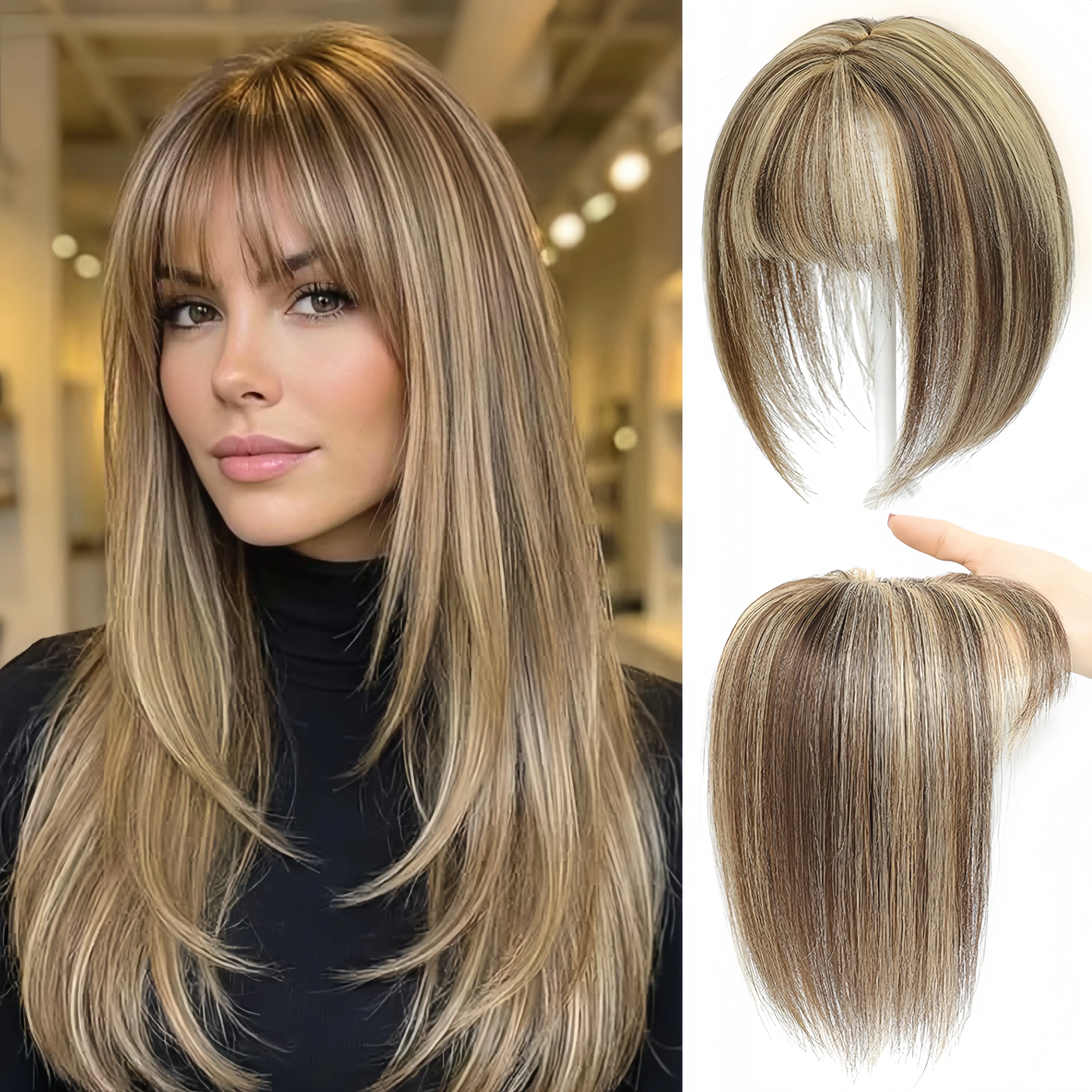 10 Inch Bangs Human Hair Topper for Women, Clip In Thin Breathable Lace Base Hair Piece, Cover Gray Hair & Thinning Crown