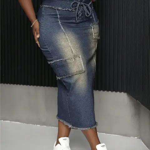 【Plus Size】 Vintage Dark Wash Denim Fitted Hip Street Fashion Skirt, Fashion Casual A Line Skirt for Daily Outdoor Wear, Women Plus Clothing Womenswear Bottom for Summer, Casual Streetwear Skirt