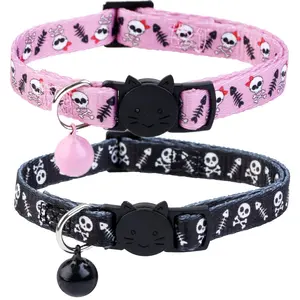 Boombone Skull Cat Collar Breakaway with Bell,Pack of 2 Safe Halloween Puppy Collars Upaw