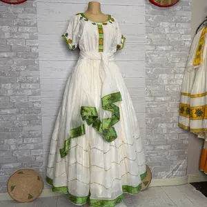 Ethiopian and Eritrean Traditional Dress - Cotton Material, Casual Style, White with Green Accents, Long Sleeve, Full Length