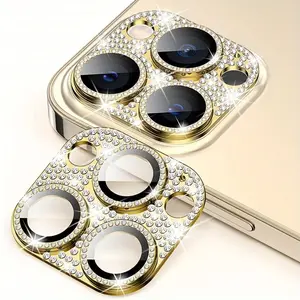 Glitter Bling Diamond Camera Lens Protector Gold Tempered Glass Protective Cover For iPhone16/15/14/13/12/11 Series Cellphone Smartphone Accessories Protection Shockproof Scratch Resistant