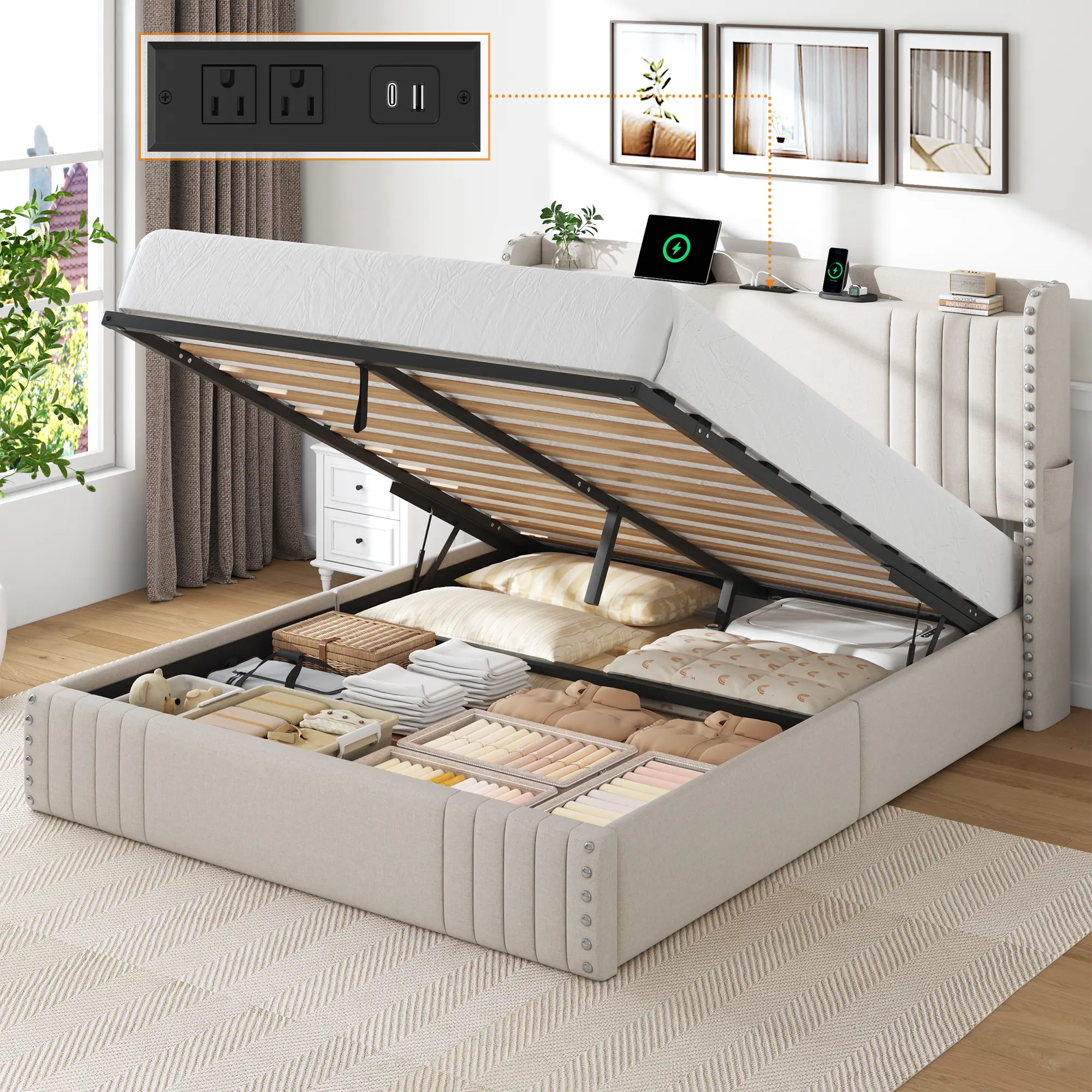 MRAEER Storage Bed Frame Modern Linen Upholstered Wingback Headboard Lift Up Storage Platform Bed Frame with Built-In Charging Station, Heavy Duty Gas Lift Support, No Box Spring Needed,Wood Slats Support, Full Queen Size