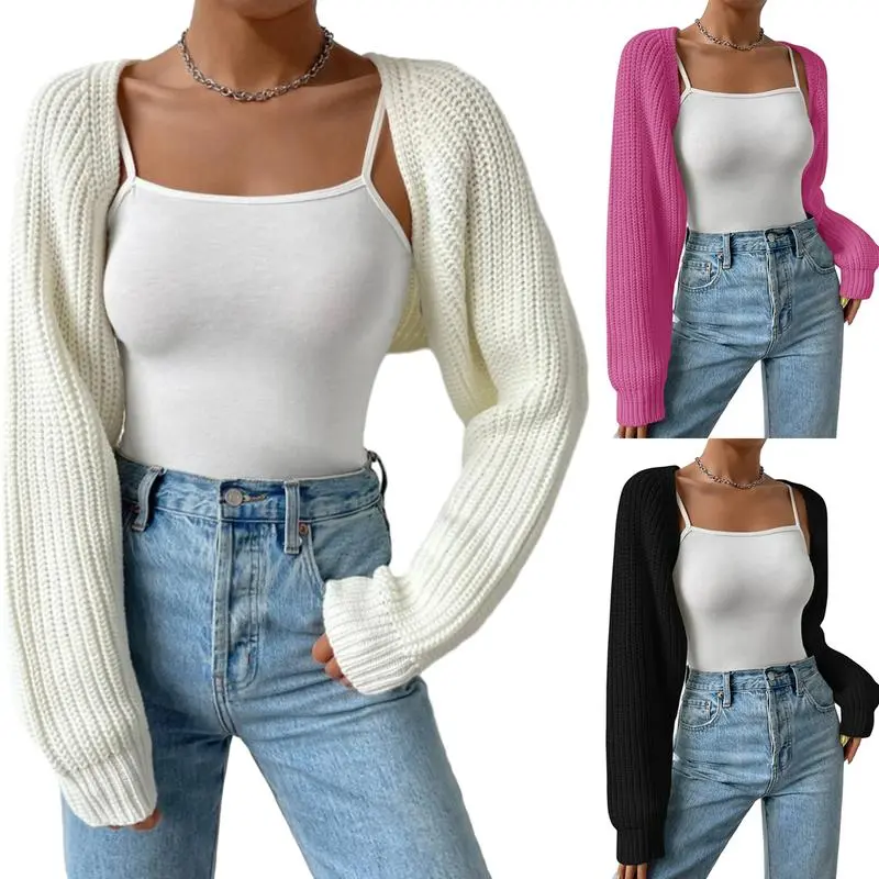 Women's Acrylic Low-Iron Open Front Long Sleeve Ribbed Knit Cropped Bolero Shrug Cardigan Tops, Chic Black, Apricot, 1 X Cardigan