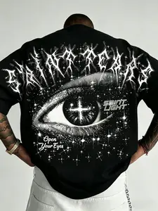 Vintage Gothic Starry Eye Graphic Tee Menswear | "Open Your Eyes" Saint Light Lettering Streetwear Casual Fitted Short T-Shirt | Hip-Hop & Nightclub Aesthetic Outfit