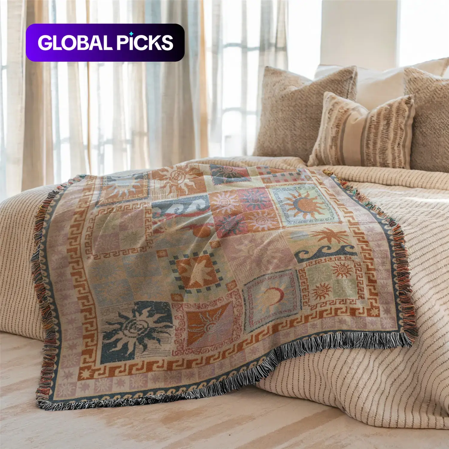 Multi-Function Tassel Woven Blanket, Decorative Patchwork Geometric Pattern Bed Blanket, for Sofa, Couch, Armchair, Home Decor, Furniture Slipcover, Tablecloth, Shawl, Outdoor Picnic, Camping, Beach & Office Nap #GLOBAL PICKS