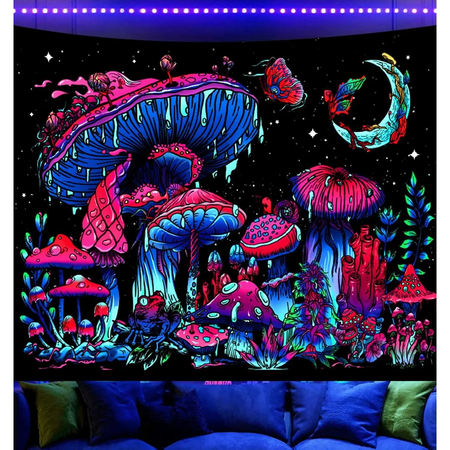 Onivein Blacklight Mushroom Tapestry Glow in the Dark Fantasy Plant Tapestry UV Reactive Moon Butterfly Frog Tapestries Poster Wall Hanging for Bedroom Aesthetic 59.1 x 51.2 Incheschic design  room bedroom