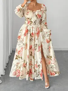 Women's Plus Size Spring Summer Fashion Elegant Shirred Dress, Long Sleeve Midi Dress, Loose-Fitting Floral Woven Fabric, All Seasons