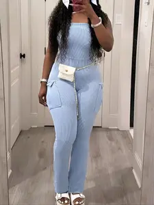 Women's Solid Off Shoulder Jumpsuit, Fashion Casual Fit Womenswear Pocket Button Design Strapless Jumpsuit for Daily Outdoor Wear, Women Jumpsuits for All Seasons, Stretchy Pocket Jumpsuit