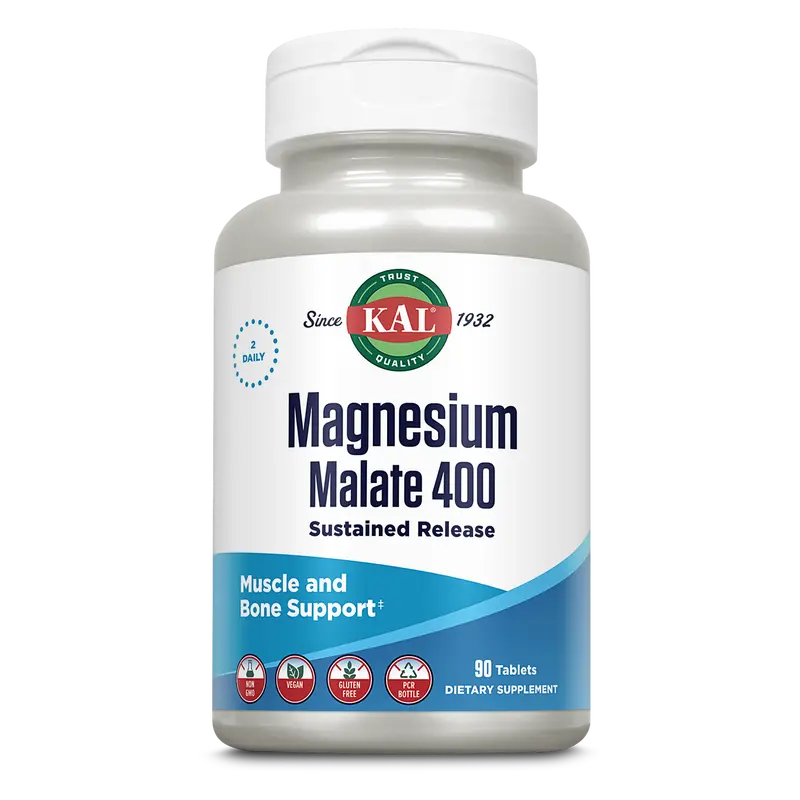 Kal Magnesium Malate 400 Tablets - Energy Support Dietary Supplement with 90 Tablets per Bottle - Healthcare Springtok Muscle Vitamin Bathroom Mineral
