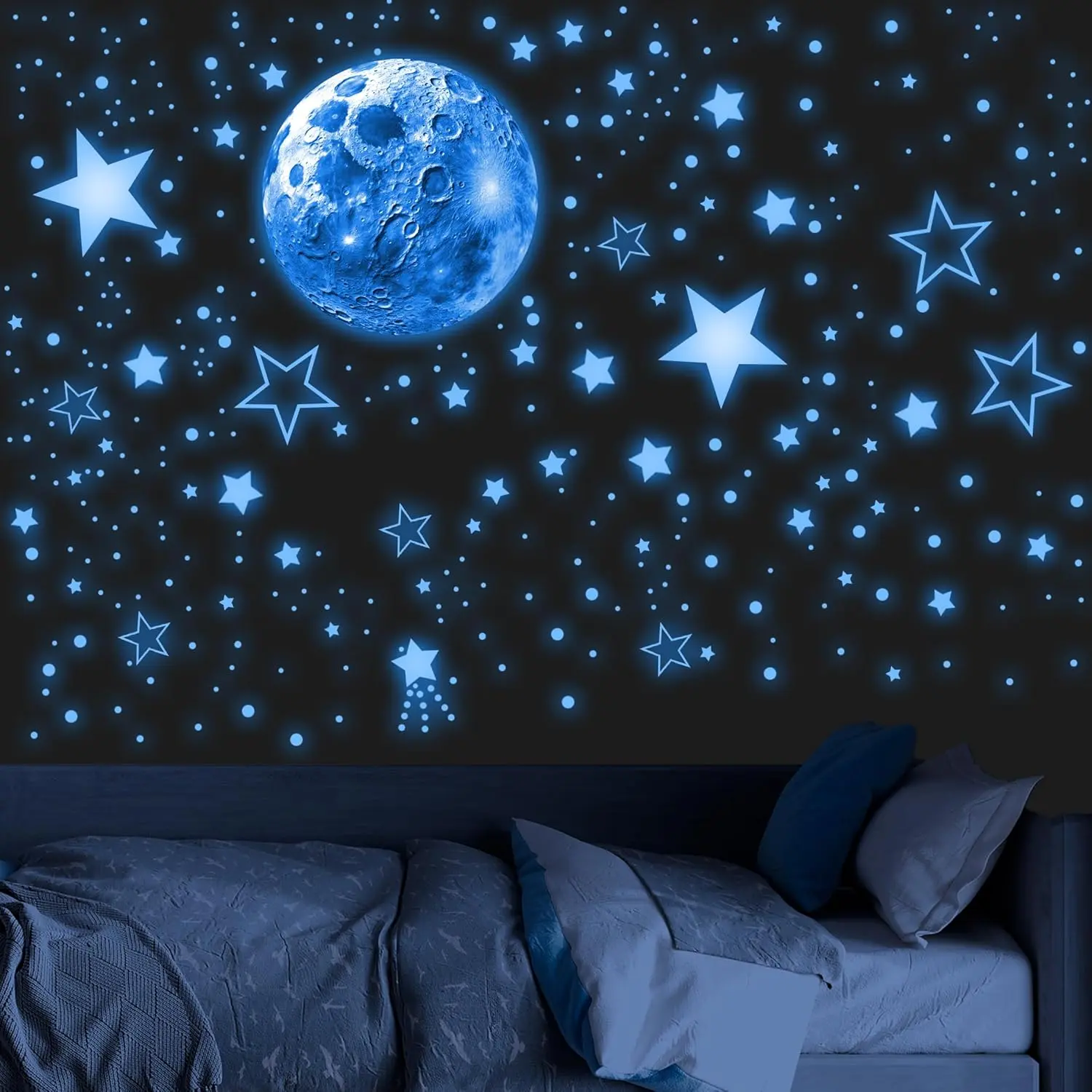 965 count Glow in The Dark Stars and Moon for Ceiling, Luminous Stars and Planet Wall Decals,  Room Decor, Glowing Galaxy Wall Stickers for  Decorations (Blue)