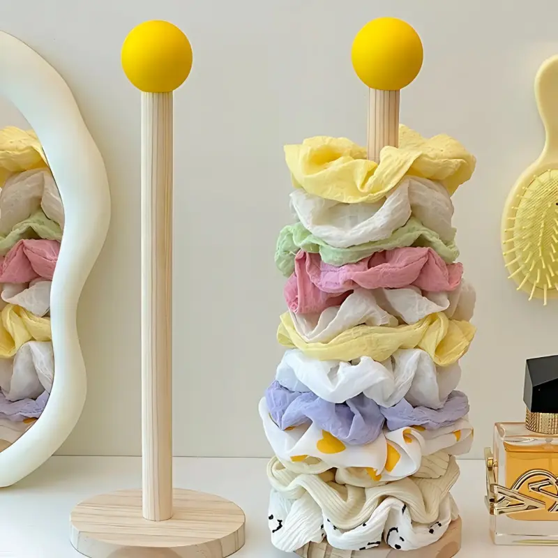 Wooden Hair Scrunchie Holder Stand – Dresser Organizer with Yellow Ball Top Lightweight Racks | Trend Rhythm Accessory