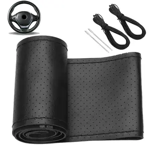 Leather DIY Car Steering Wheel Cover Anti-slip For 15"/38 cm Steering Wheel Black With Needles and Thread