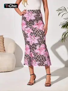 Women's Leopard Floral Print Skirt, Casual Fashion  Skirt for Daily Wear, Ladies Bottoms for All Seasons, Leopard Printed Skirt